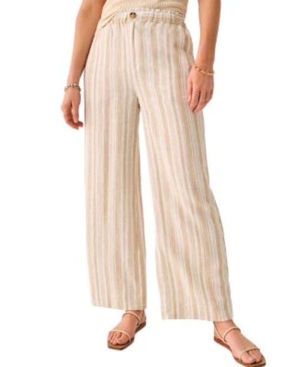 Fatherly Monterey Straight Leg 100% Linen Pants Natural Bombay Stripe Size XS